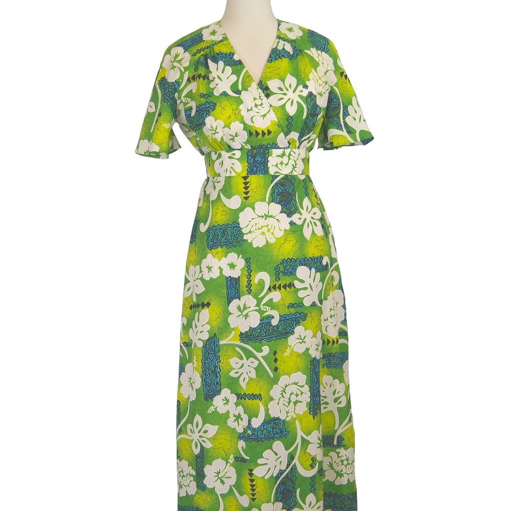 Green Floral Maxi Dress with White Bloom Print